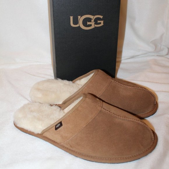 NIB UGG MEN'S SUEDE SHEARLING SCUFF SLIP ON SLIPPERS CHESTNUT‎ - Picture 1 of 9